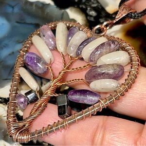 Heart Shape Tree of Life Copper Wire-Wrapped Amethyst & Hematite Pendant 3”